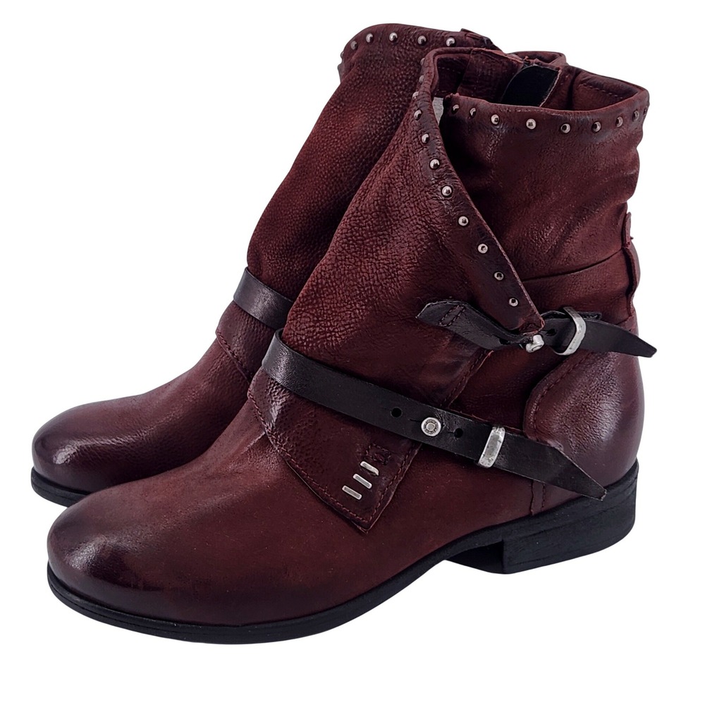 Miz Mooz Sambuca Moto Ankle Boots EU 39 Wide Burgundy Leather Studded Buckle Zip